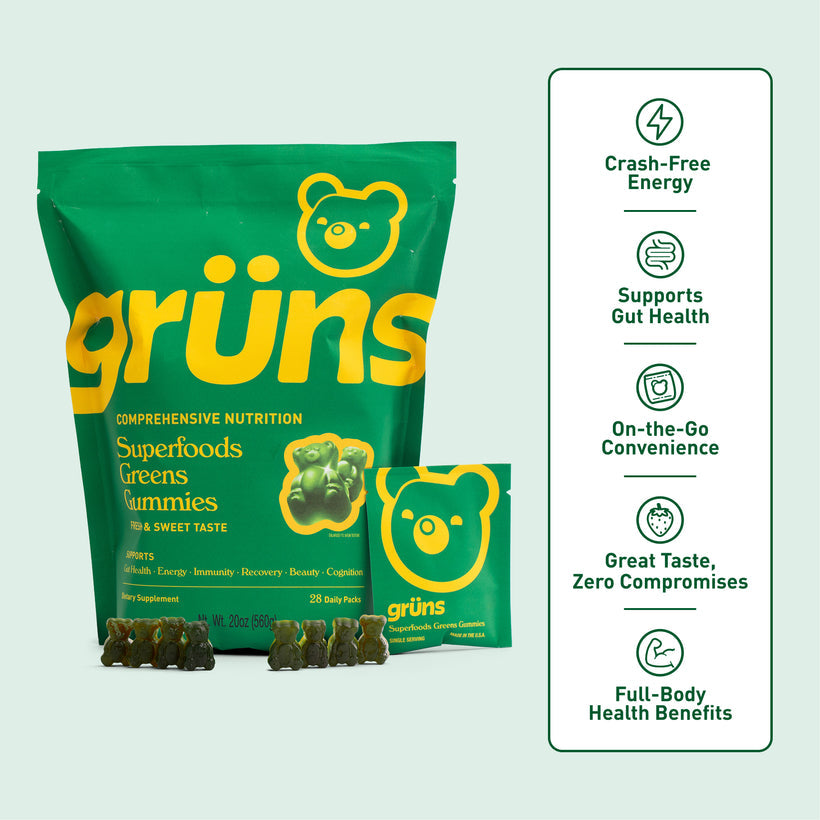 Gruns Adults Super Greens Gummies, Multivitamin Superfood Gummy Bears with Spirulina, Chlorella, Prebiotics & Fiber for Digestive Health, Adaptogens Supplement with 20 Vitamins & Minerals, 28 Count