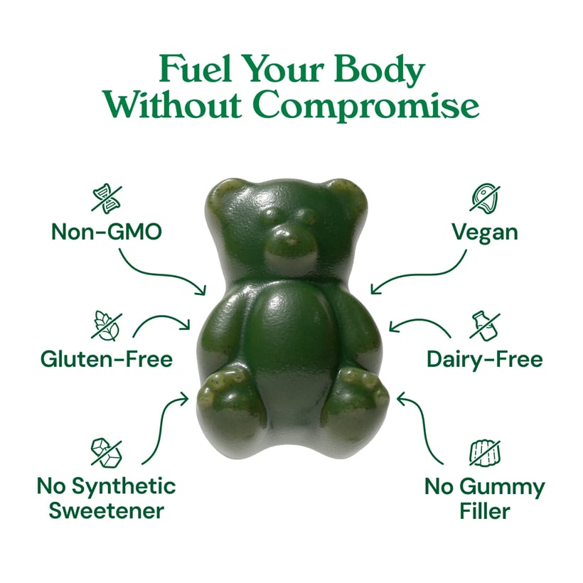 Gruns Adults Super Greens Gummies, Multivitamin Superfood Gummy Bears with Spirulina, Chlorella, Prebiotics & Fiber for Digestive Health, Adaptogens Supplement with 20 Vitamins & Minerals, 28 Count