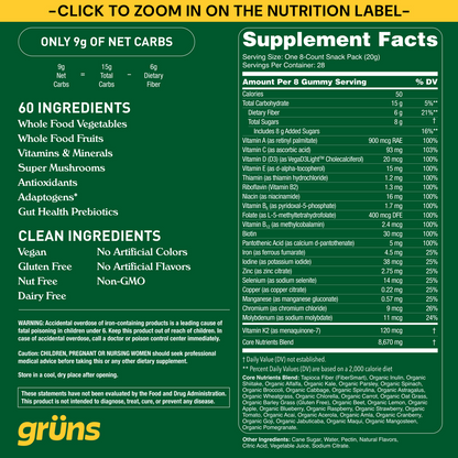 Gruns Adults Super Greens Gummies, Multivitamin Superfood Gummy Bears with Spirulina, Chlorella, Prebiotics & Fiber for Digestive Health, Adaptogens Supplement with 20 Vitamins & Minerals, 28 Count